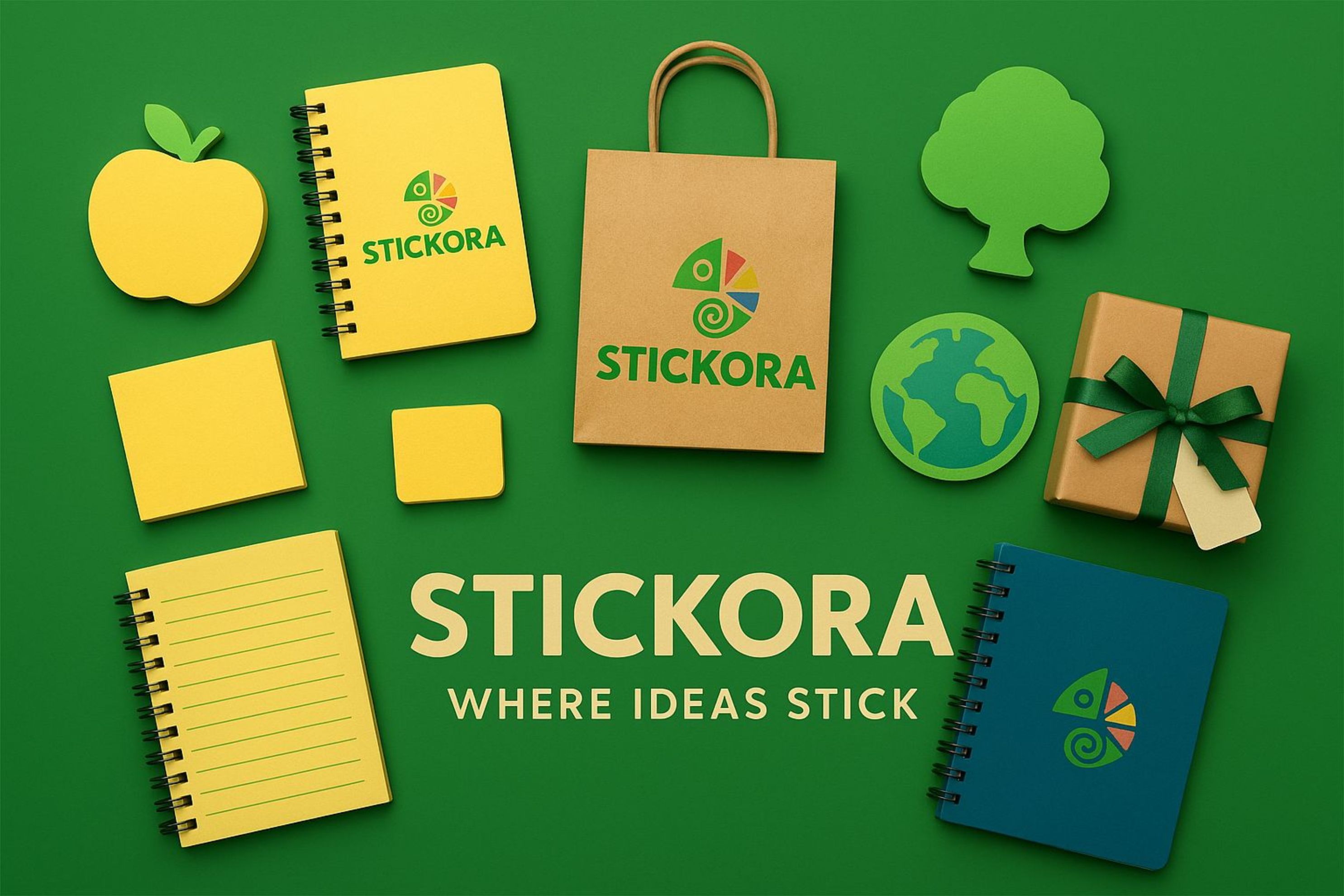 Collection of Stickora branded products including notebooks, a bag, and an apple on a green background.


